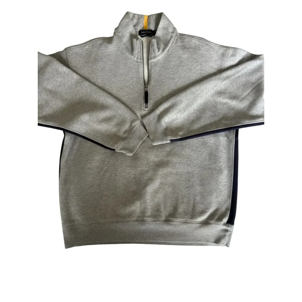Nautica Men's Size Large Quarter-Zip Sweatshirt Pullover Grey Navy Side Stripe N